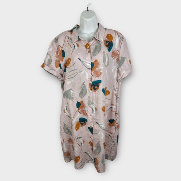Rachel Zoe 100% Linen Floral Shift Pink Shirt Dress Large Short Sleeve Boho - Picture 1 of 7